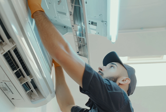 Air conditioner servicing and inspection by technician